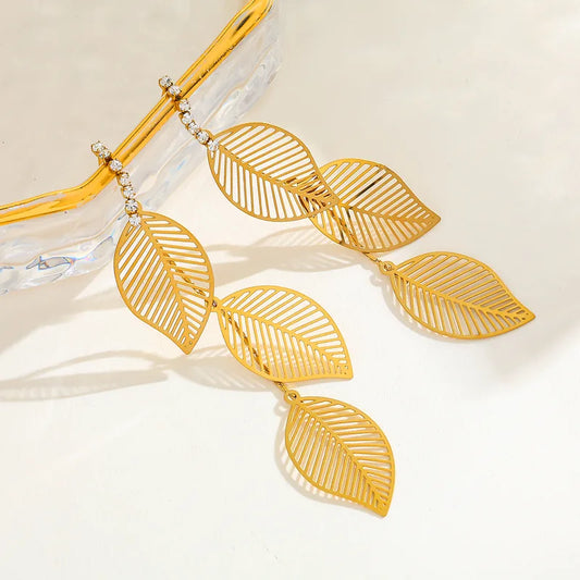 Ginkgo Leaf Pendants Pearl And Zircon Embedded Stainless Steel Earrings Gold Plated Casual Elegant Cute Women Style Flashing