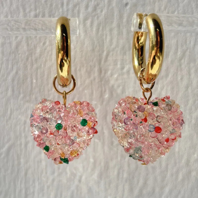 Girl Heart-shaped Sugar Diamond Stainless Steel Earrings Shiny Pink Candy Heart-shaped Women's Jewelry Accessories