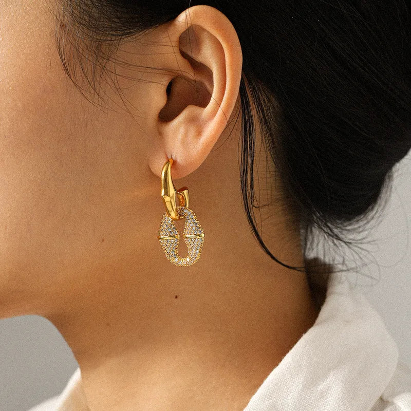 Gold And Silver Color Matching 304 Stainless Steel Inlaid Zircon 8-Shaped Bamboo C-Shaped Earrings 18K Gold Plated Women's Earrings Vacuum Electroplating