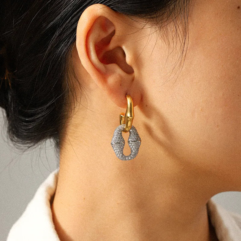 Gold And Silver Color Matching 304 Stainless Steel Inlaid Zircon 8-Shaped Bamboo C-Shaped Earrings 18K Gold Plated Women's Earrings Vacuum Electroplating