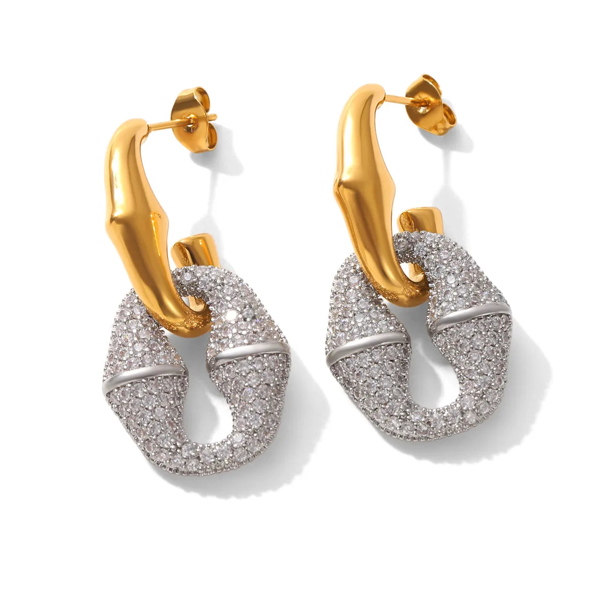 Gold And Silver Color Matching 304 Stainless Steel Inlaid Zircon 8-Shaped Bamboo C-Shaped Earrings 18K Gold Plated Women's Earrings Vacuum Electroplating