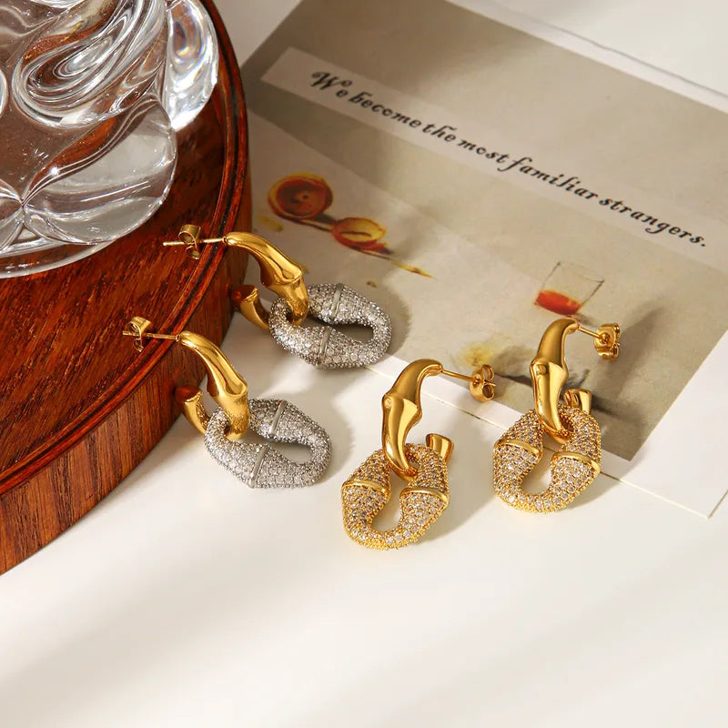 Gold And Silver Color Matching 304 Stainless Steel Inlaid Zircon 8-Shaped Bamboo C-Shaped Earrings 18K Gold Plated Women's Earrings Vacuum Electroplating