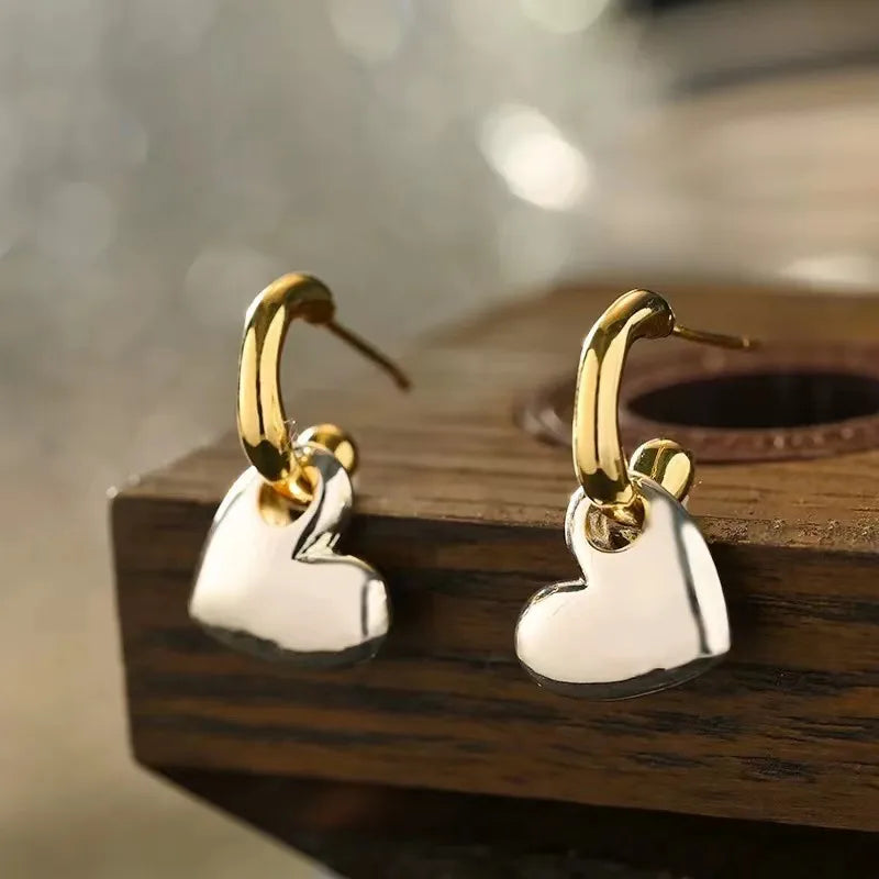 Gold And Silver Double Color Heart Shaped Earrings Women Simple High-End New Style Fashion Jewelry Ear Studs Copper Material