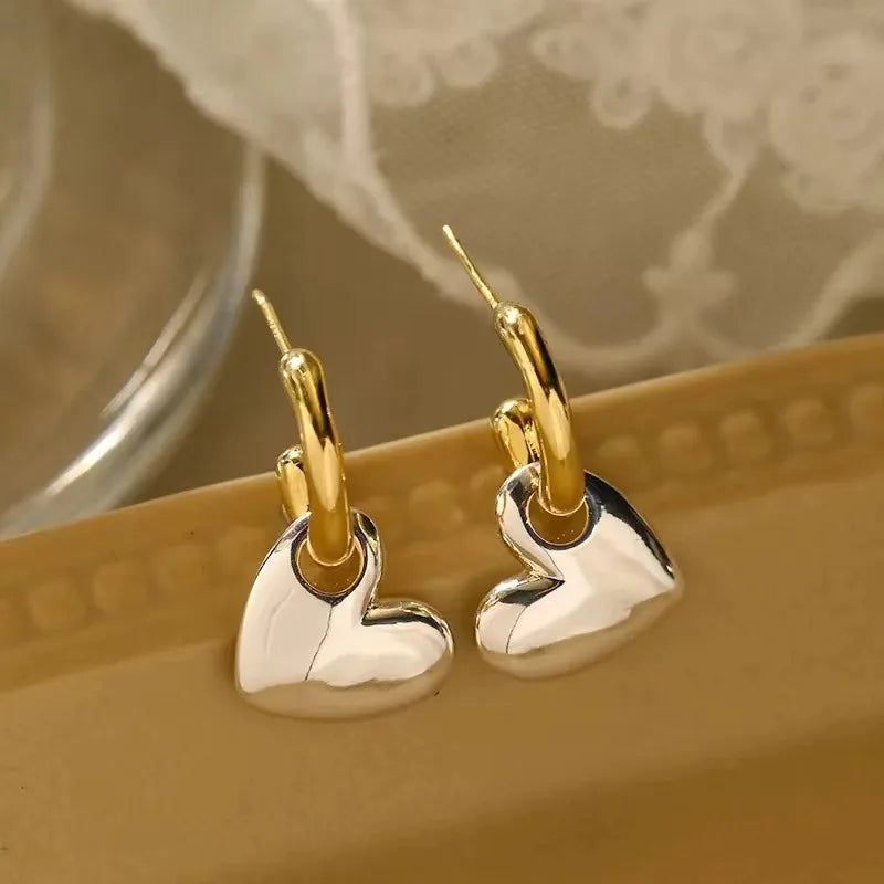 Gold And Silver Double Color Heart Shaped Earrings Women Simple High-End New Style Fashion Jewelry Ear Studs Copper Material