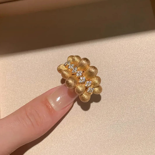 Gold Frosted Adjustable Coffee Bean Ring Elegant Vintage French Style Fashionable Versatile Copper Geometric Pattern Unisex Ring