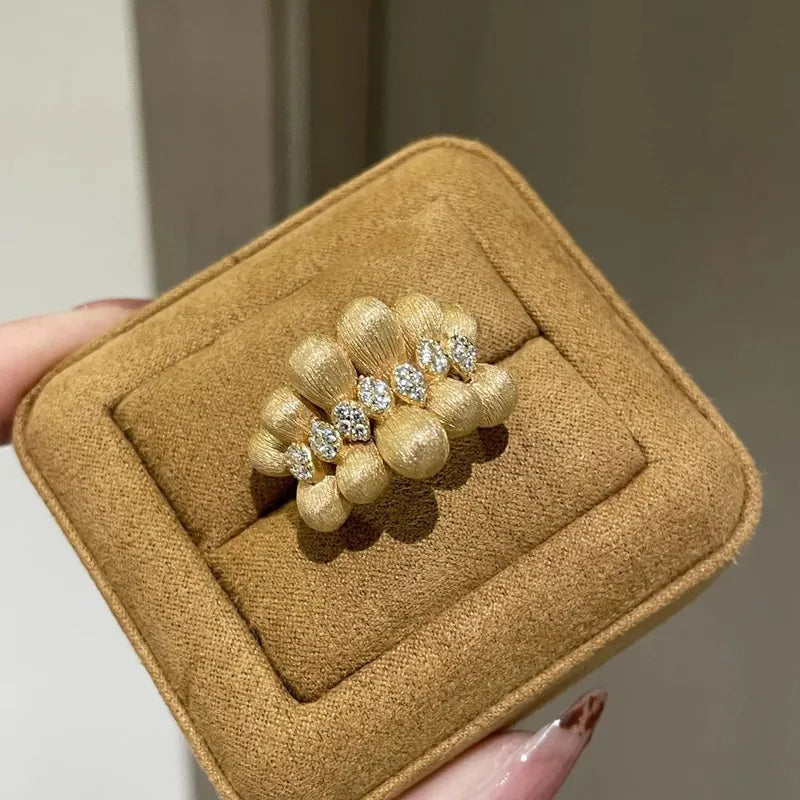 Gold Frosted Adjustable Coffee Bean Ring Elegant Vintage French Style Fashionable Versatile Copper Geometric Pattern Unisex Ring