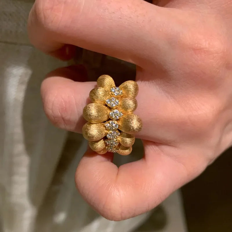 Gold Frosted Adjustable Coffee Bean Ring Elegant Vintage French Style Fashionable Versatile Copper Geometric Pattern Unisex Ring