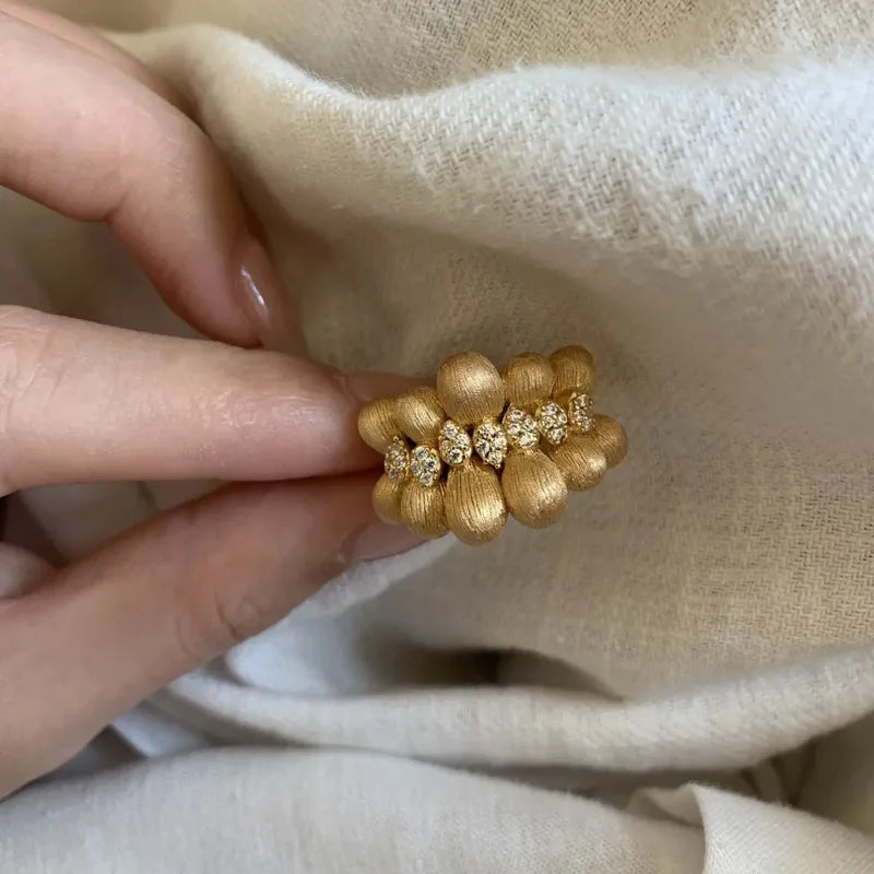 Gold Frosted Adjustable Coffee Bean Ring Elegant Vintage French Style Fashionable Versatile Copper Geometric Pattern Unisex Ring