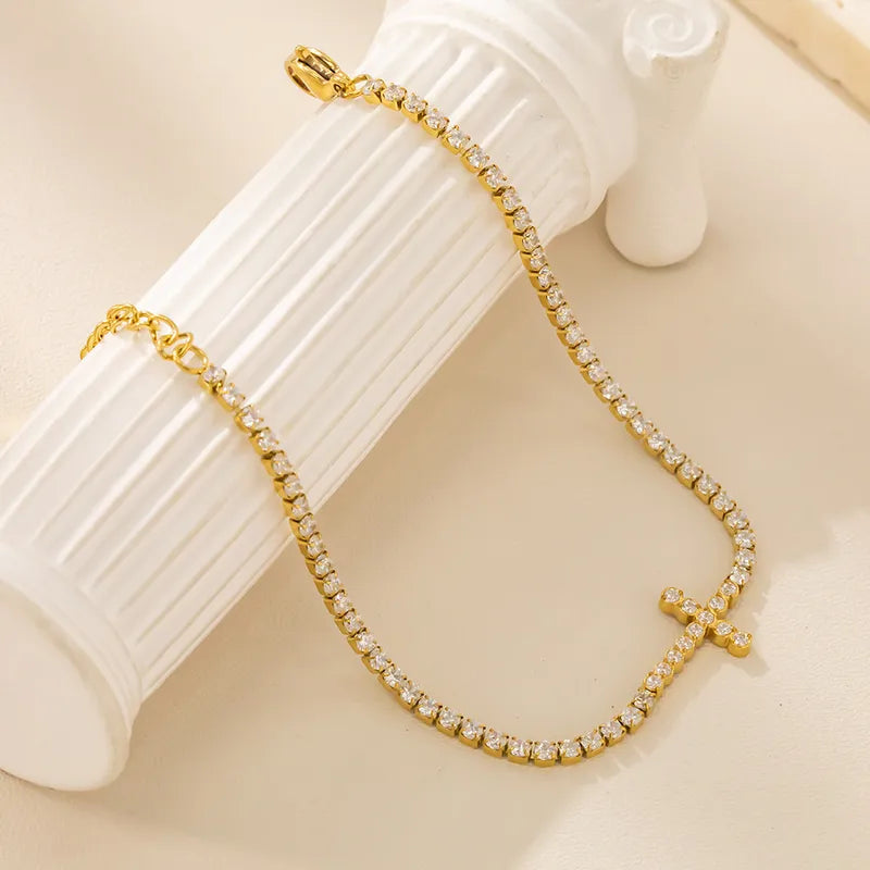 Gold Gold-Plated Zircon Cross Bracelet For Women Simple Titanium Steel Geometric Anniversary Celebration