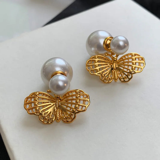 Gold Large Pearl Butterfly Ear Cuff Women's Fashion Jewelry Earrings Luxury Sensation Dangle Studs French Vintage Style