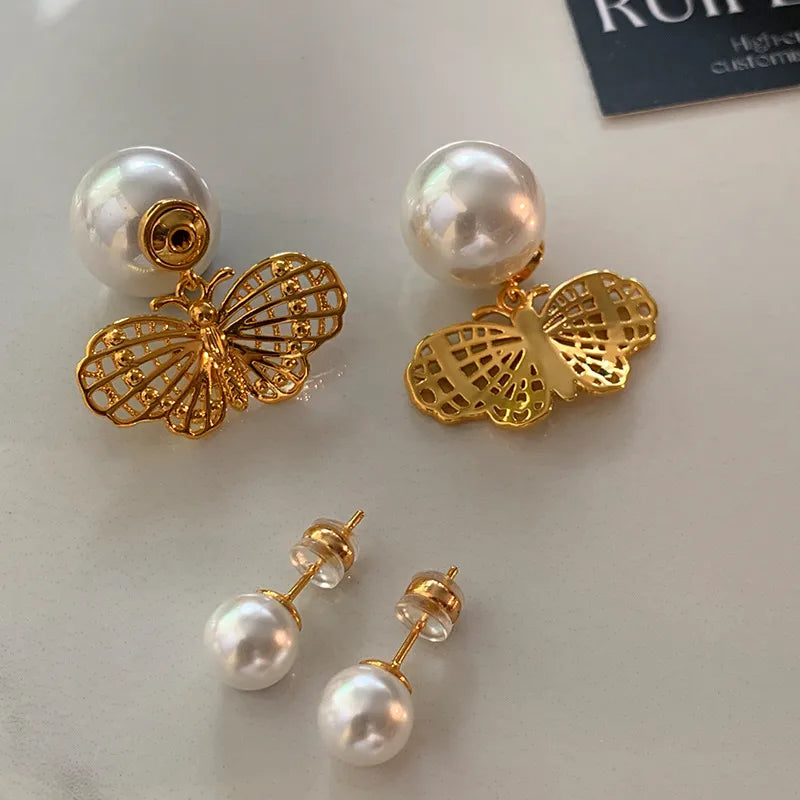 Gold Large Pearl Butterfly Ear Cuff Women's Fashion Jewelry Earrings Luxury Sensation Dangle Studs French Vintage Style