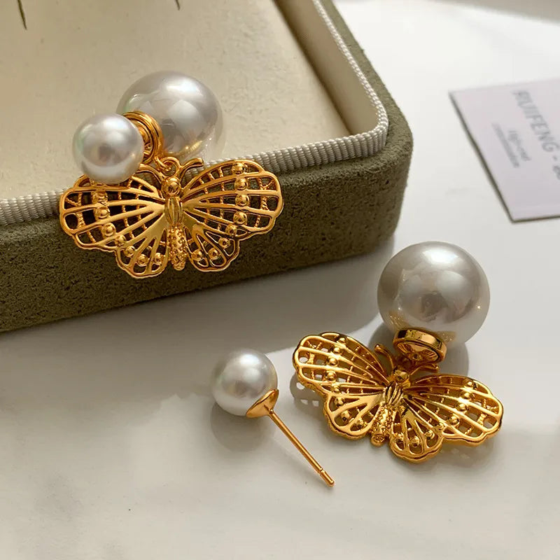 Gold Large Pearl Butterfly Ear Cuff Women's Fashion Jewelry Earrings Luxury Sensation Dangle Studs French Vintage Style