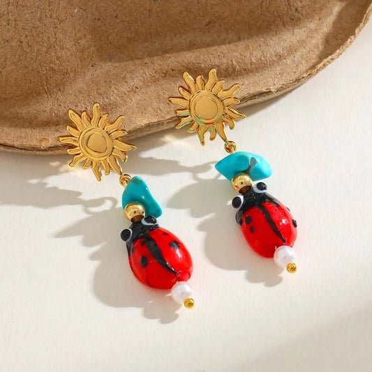 Gold Plated 18K Stainless Steel Ladybug Sun Multi-Pendent Earrings Casual Basic Style Women Sweetened Pearl Natural Stone