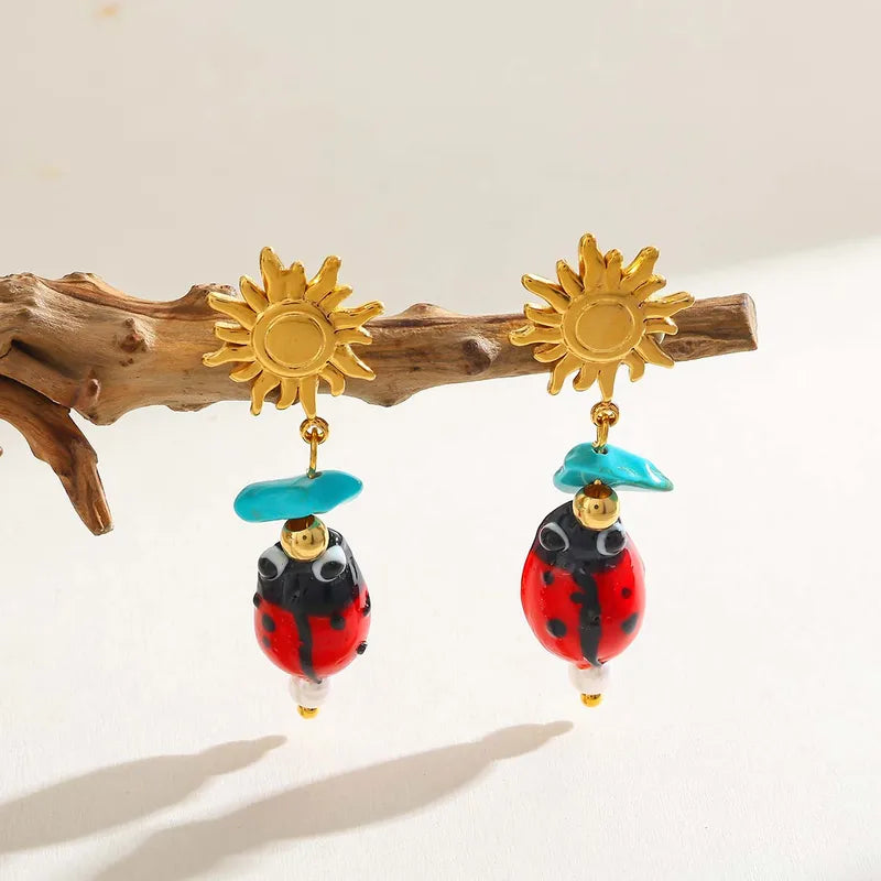 Gold Plated 18K Stainless Steel Ladybug Sun Multi-Pendent Earrings Casual Basic Style Women Sweetened Pearl Natural Stone
