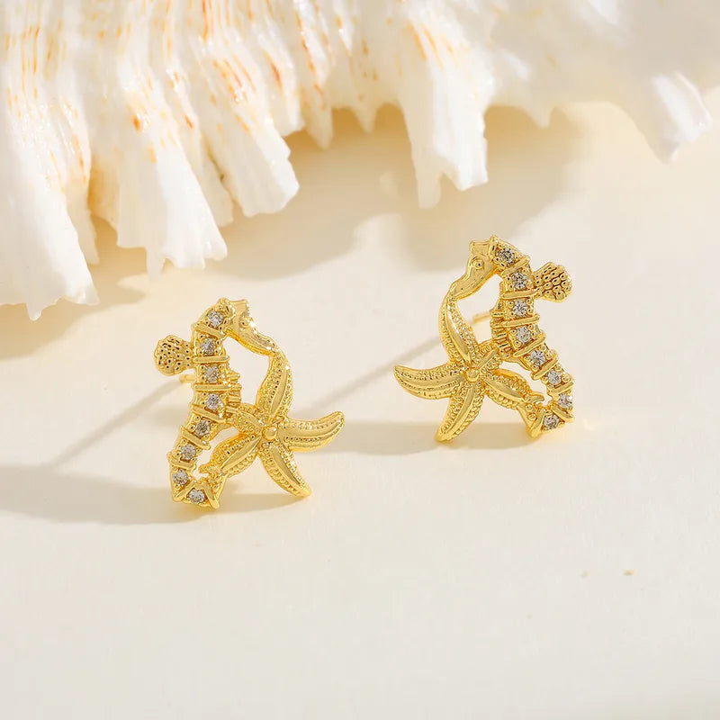 Gold Plated Copper Starfish Sea Horse Shell Earrings With Embedded Zirconia Studs For Women Holiday Weekend Daily Date Festive