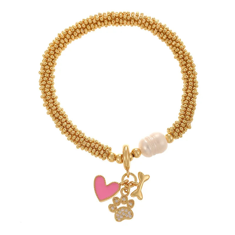 Gold Plated Diamond Embedded Cat Claw Pearl Net Chain Bracelet Women's Beach Style Fashion Accessory Copper Material Cold Tone