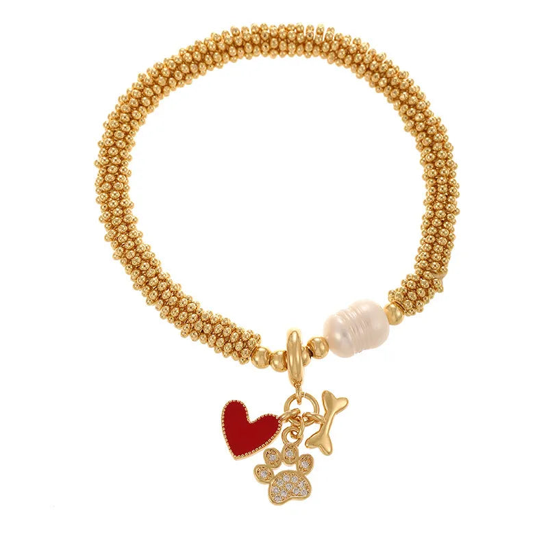 Gold Plated Diamond Embedded Cat Claw Pearl Net Chain Bracelet Women's Beach Style Fashion Accessory Copper Material Cold Tone