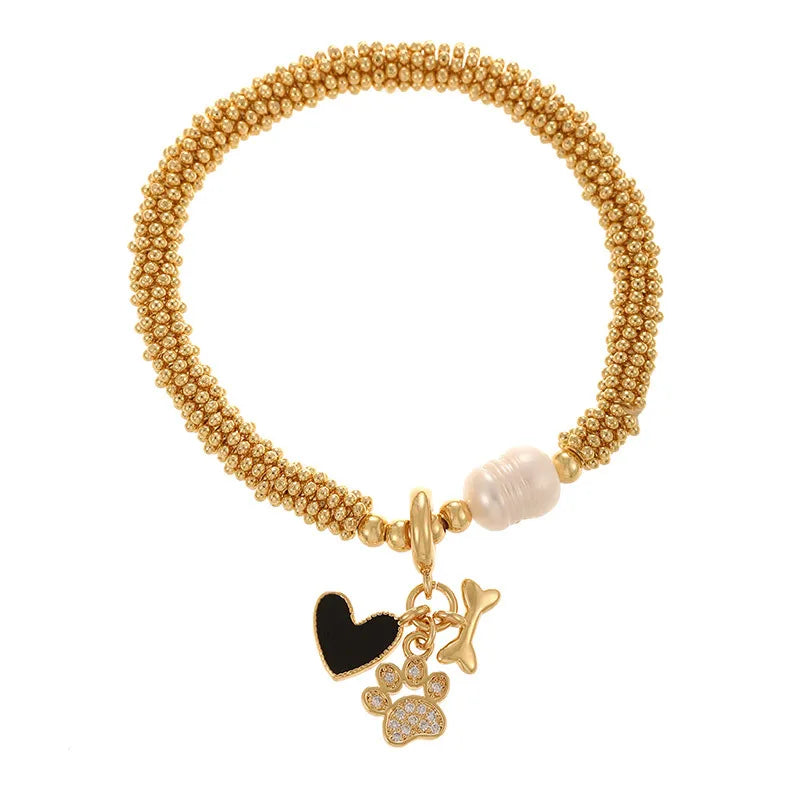 Gold Plated Diamond Embedded Cat Claw Pearl Net Chain Bracelet Women's Beach Style Fashion Accessory Copper Material Cold Tone