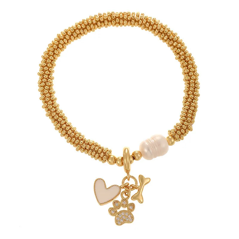 Gold Plated Diamond Embedded Cat Claw Pearl Net Chain Bracelet Women's Beach Style Fashion Accessory Copper Material Cold Tone