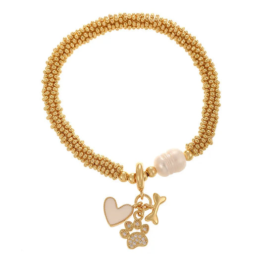 Gold Plated Diamond Embedded Cat Claw Pearl Net Chain Bracelet Women's Beach Style Fashion Accessory Copper Material Cold Tone