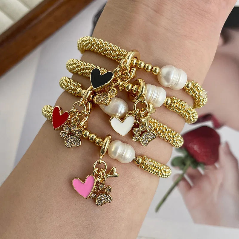 Gold Plated Diamond Embedded Cat Claw Pearl Net Chain Bracelet Women's Beach Style Fashion Accessory Copper Material Cold Tone