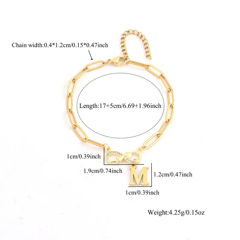 Gold Plated Retro Stainless Steel Initial Micro Paved Zirconium Infinite/8 Pendant Pin Chain Ladies Bracelet Simple Style