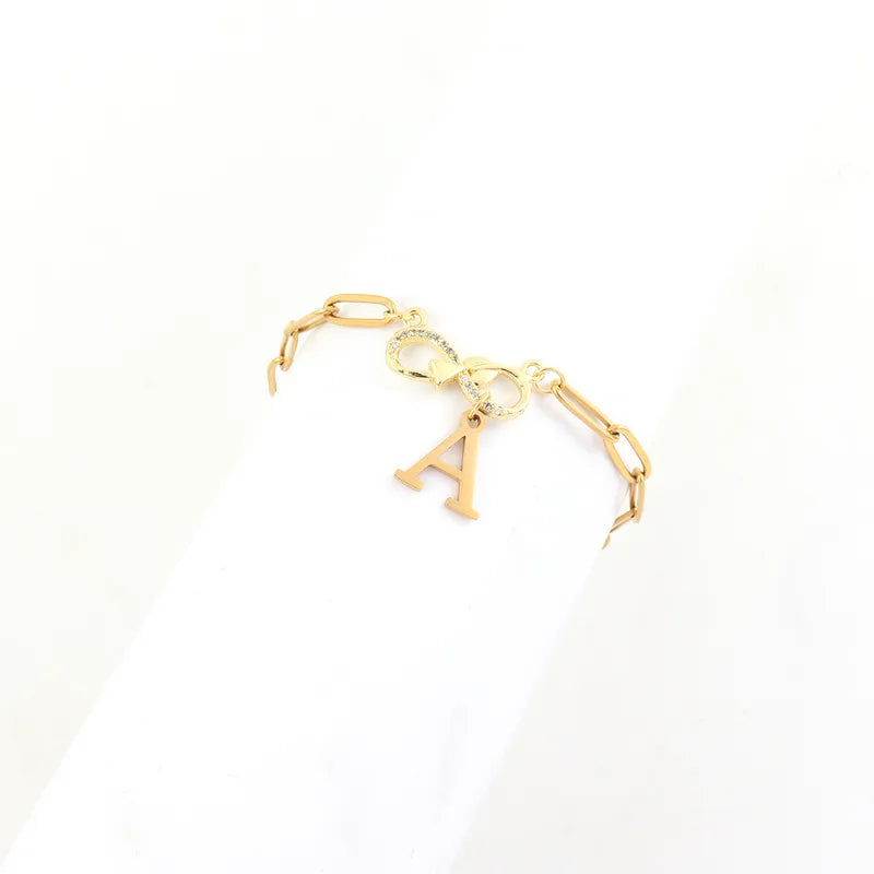 Gold Plated Retro Stainless Steel Initial Micro Paved Zirconium Infinite/8 Pendant Pin Chain Ladies Bracelet Simple Style