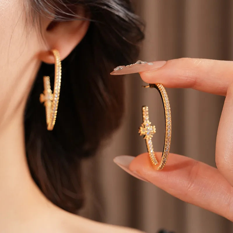 Gold Plated Silver Needle Zircon Cross Earrings Fashionable Minimalist Stud Earrings High-End Feelings Women's Jewelry