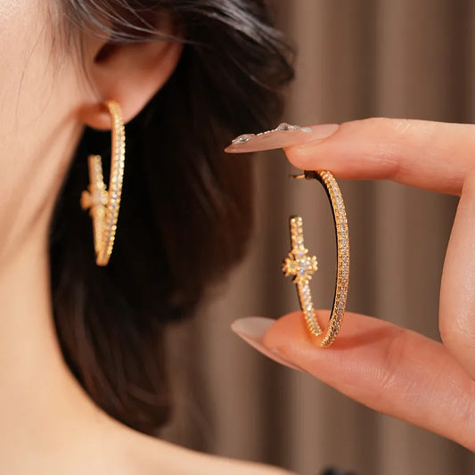Gold Plated Silver Needle Zircon Cross Earrings Fashionable Minimalist Stud Earrings High-End Feelings Women's Jewelry