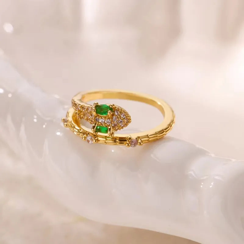 Gold Plated Snake Shaped Open Ring For Women With Micro-Paved Zirconia Elegant Simple Style Fashionable Luxury Feeling Band