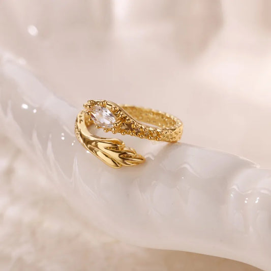 Gold Plated Snake Shaped Open Ring For Women With Micro-Paved Zirconia Elegant Simple Style Fashionable Luxury Feeling Band