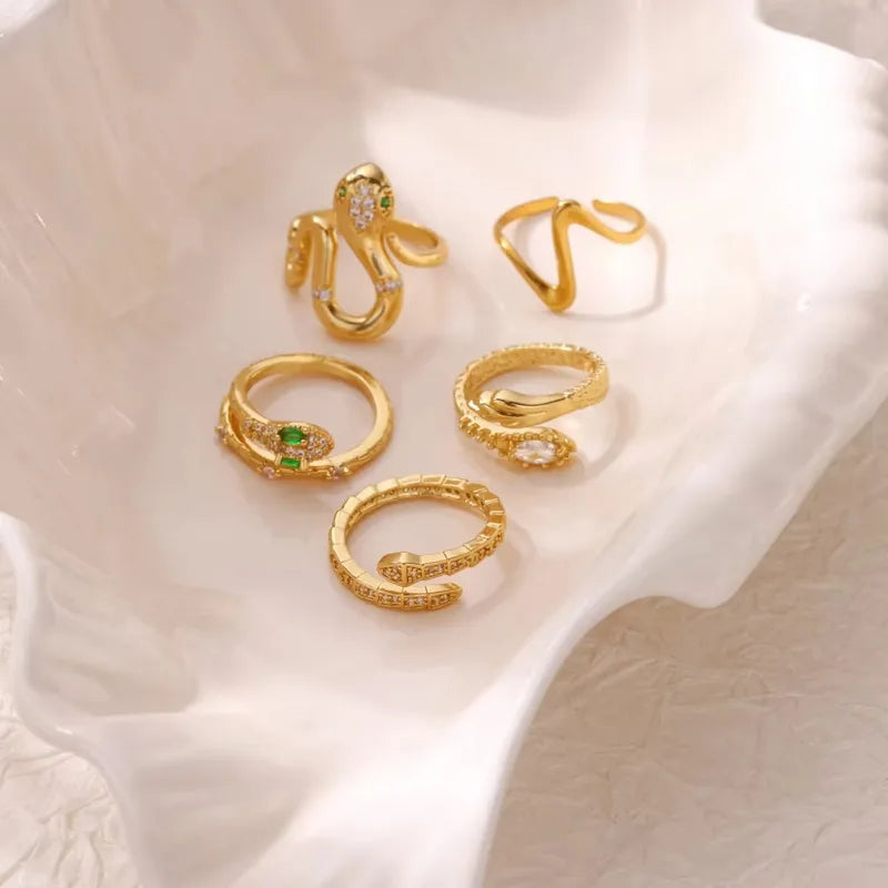 Gold Plated Snake Shaped Open Ring For Women With Micro-Paved Zirconia Elegant Simple Style Fashionable Luxury Feeling Band