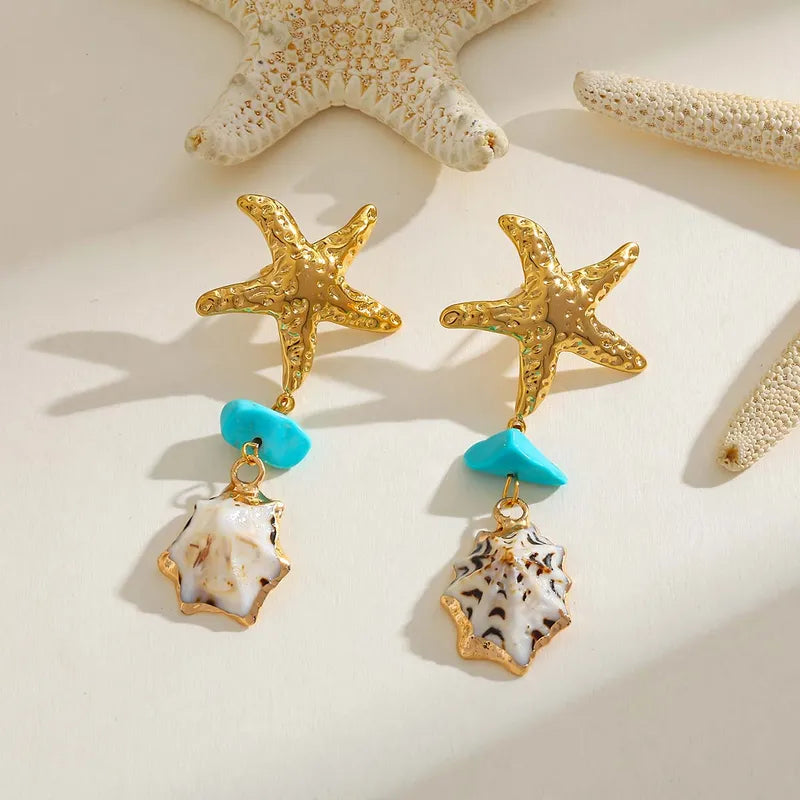 Gold Plated Stainless Steel 18K Starfish Conch Natural Stone Embedded Earrings Women Casual Style Weekend Indoor Daily Ear Jewelry