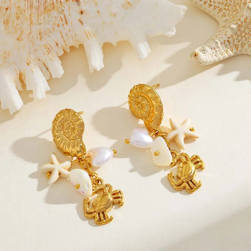 Gold Plated Stainless Steel 18K Starfish Conch Natural Stone Embedded Earrings Women Casual Style Weekend Indoor Daily Ear Jewelry