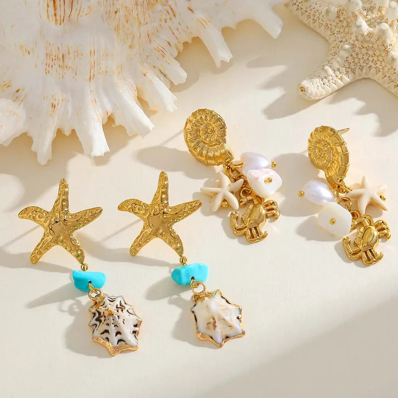 Gold Plated Stainless Steel 18K Starfish Conch Natural Stone Embedded Earrings Women Casual Style Weekend Indoor Daily Ear Jewelry