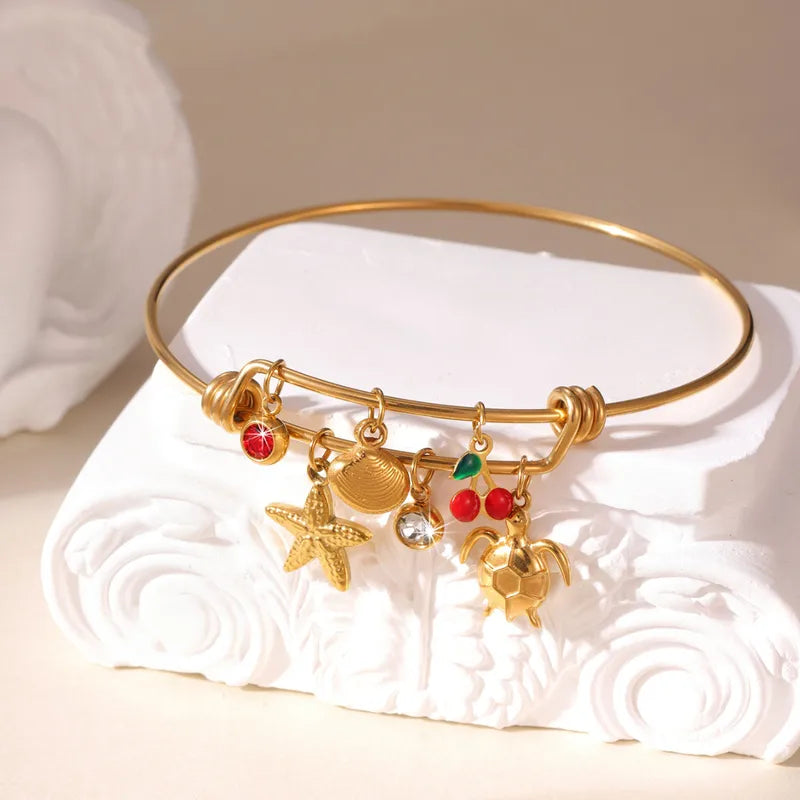 Gold Plated Stainless Steel Bracelet For Women Ocean Animal Fruit Pendant Fashionable Uplifting Style Turtle And Starfish