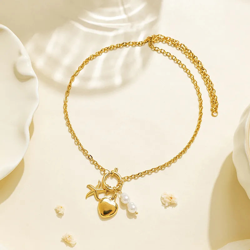 Gold Plated Stainless Steel Heart Pendant Necklace Multi-Piece Casual Holiday Beach Style Lobster Clasp Cable Chain Jewelry