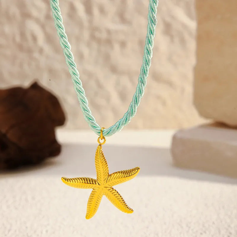 Gold Plated Titanium Steel Necklace With Woven Fine Rope Ocean Pendant Stainless Steel Sweet Cool Style For Women Animal Zodiac Pattern