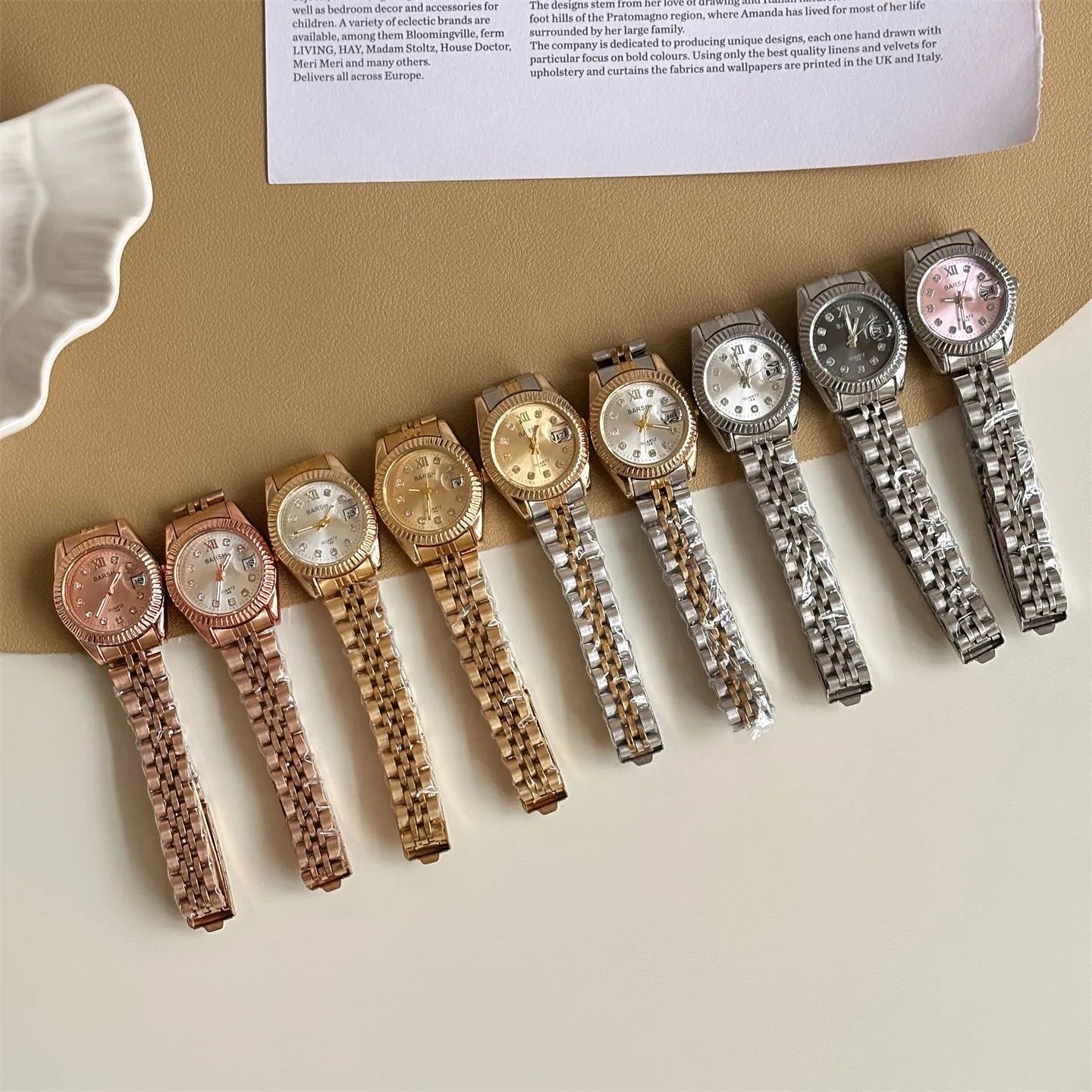 Gold Steel Strap Quartz Women's Watch Casual Diamond Point Calendar Round Dial Couple's Watch Ordinary Glass Mirror