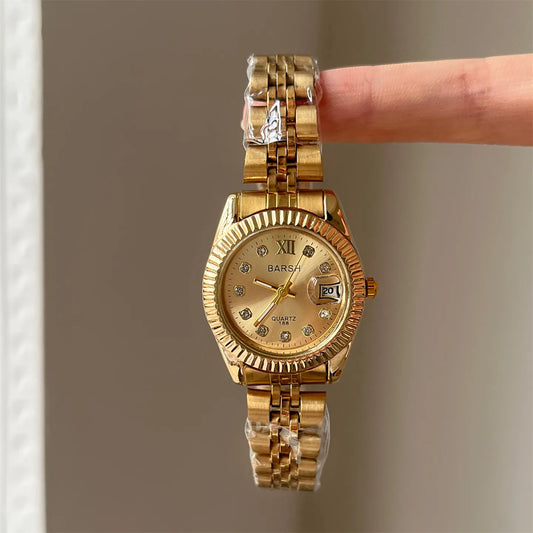 Gold Steel Strap Quartz Women's Watch Casual Diamond Point Calendar Round Dial Couple's Watch Ordinary Glass Mirror