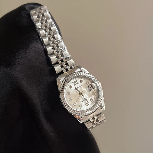 Gold Steel Strap Quartz Women's Watch Casual Diamond Point Calendar Round Dial Couple's Watch Ordinary Glass Mirror