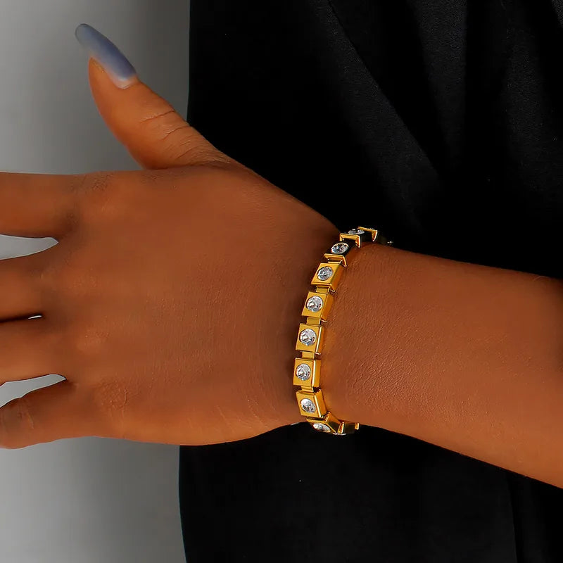 Gold Titanium-plated Steel Zircon Diamond Inlaid Women's Bracelet Simple Geometric Design