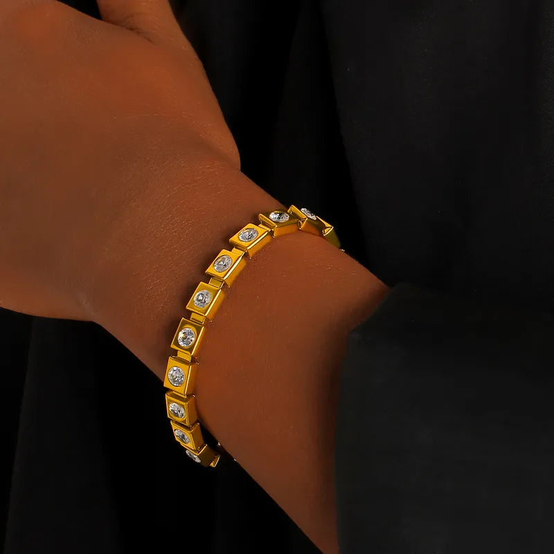 Gold Titanium-plated Steel Zircon Diamond Inlaid Women's Bracelet Simple Geometric Design
