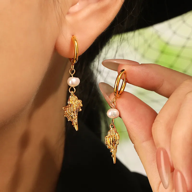 Golden Abalone Shell Earrings Women's Stainless Steel PVD Plated Jewelry Summer New Style Ins Ocean Series Hoop Earrings