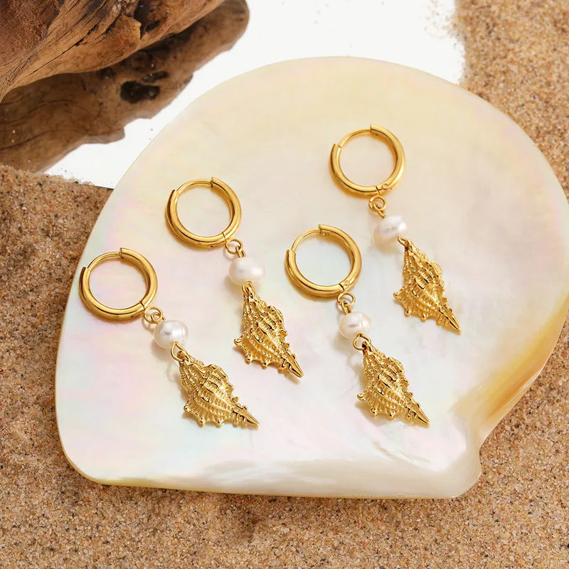 Golden Abalone Shell Earrings Women's Stainless Steel PVD Plated Jewelry Summer New Style Ins Ocean Series Hoop Earrings
