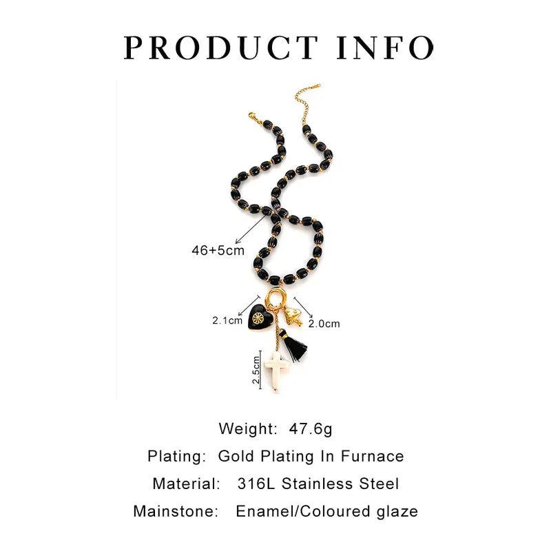 Gothic Punk Style Stainless Steel Black Glass Bead Heart Cross Pendant 18K Gold Waterproof Non-fading Women Cool Spicy Lockbone Necklace