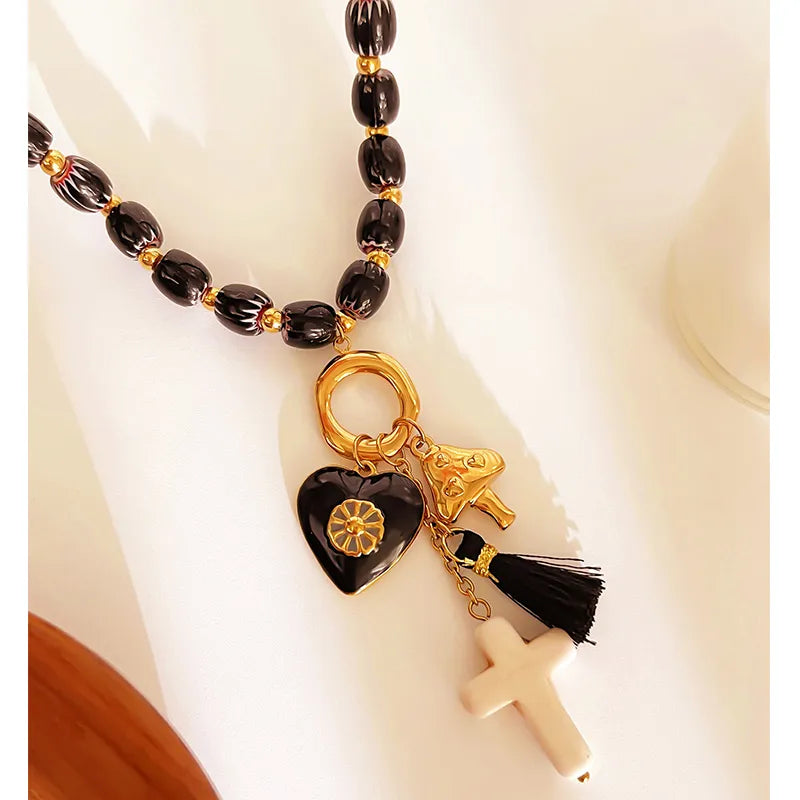 Gothic Punk Style Stainless Steel Black Glass Bead Heart Cross Pendant 18K Gold Waterproof Non-fading Women Cool Spicy Lockbone Necklace