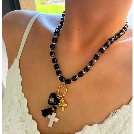 Gothic Punk Style Stainless Steel Black Glass Bead Heart Cross Pendant 18K Gold Waterproof Non-fading Women Cool Spicy Lockbone Necklace