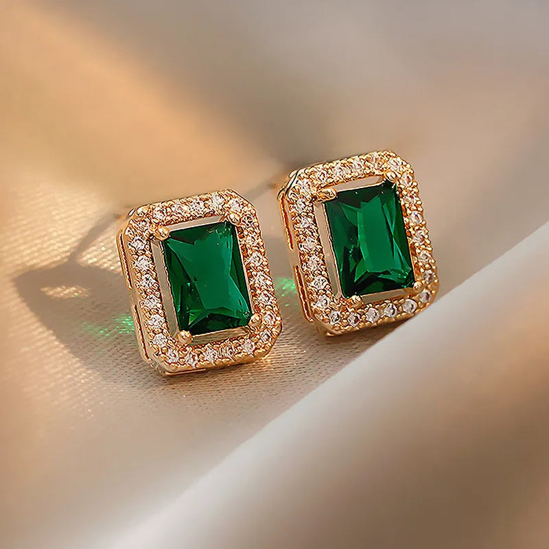 Green Zircon Flower Geometric Earrings Versatile Luxury Sensation French Vintage Style Four-sided Oval Shaped Women's Jewelry
