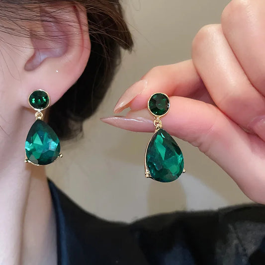 Green Zircon Flower Geometric Earrings Versatile Luxury Sensation French Vintage Style Four-sided Oval Shaped Women's Jewelry
